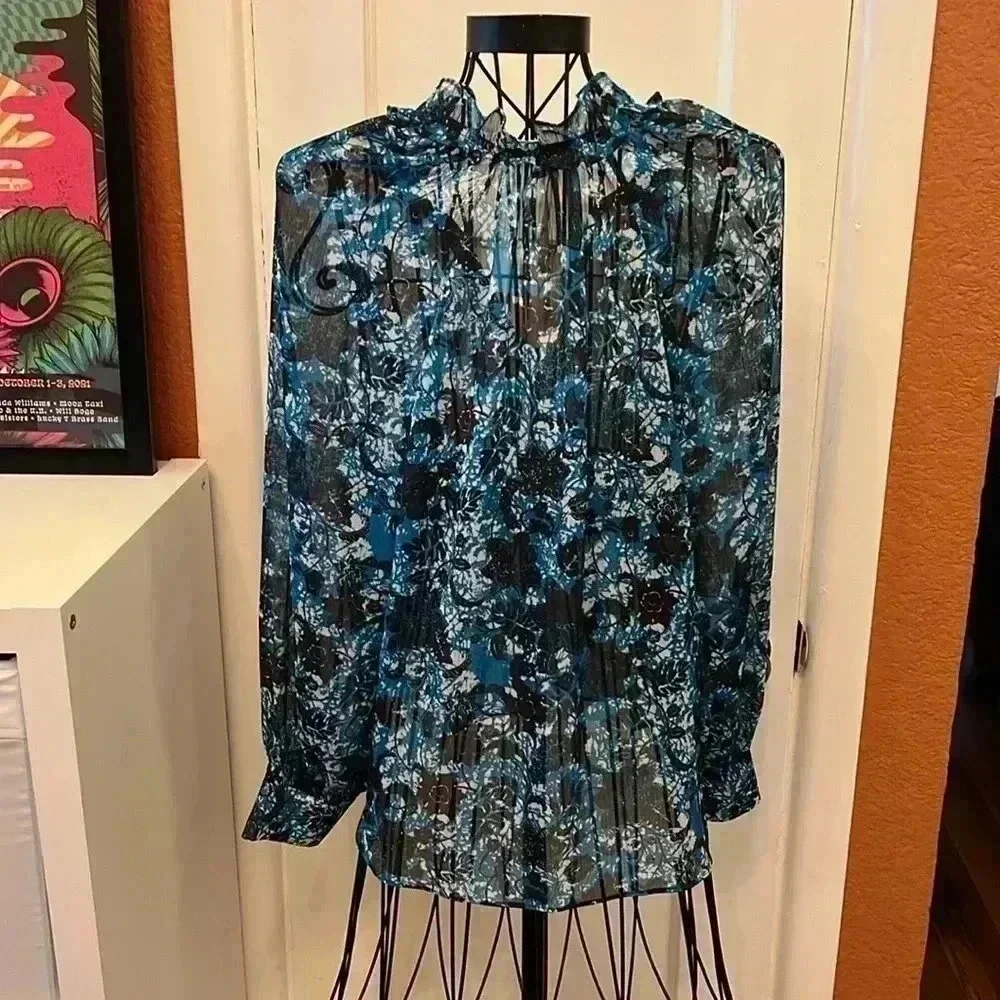 NWT Anthropologie Sheer Printed Peasant Blouse-Sz M